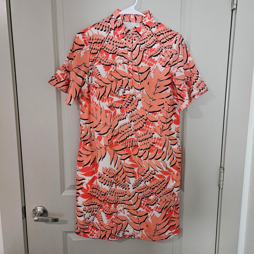 Banana Republic Womens XS Coral Tropical Leaf Print Shift Dress Pockets